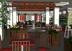 中式禅意风味茶艺餐厅室内SU(草图大师)模型