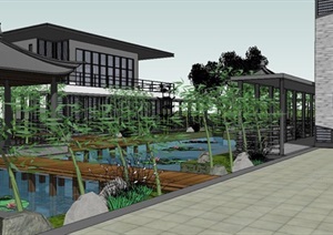新中式波浪形屋顶园林式展览博物馆建筑SU(草图大师)模型