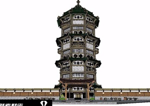 古典中式塔楼设计SU(草图大师)模型素材