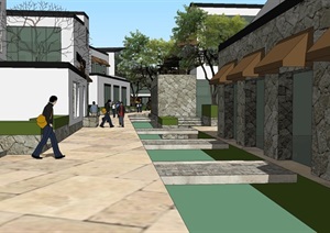 现代中式古村落旅游区文化商业步行街建筑SU(草图大师)模型