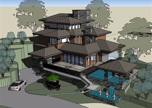 中式风格私人住宅别墅设计SU(草图大师)模型