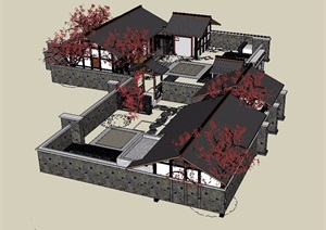 中式风格详细的合院别墅SU(草图大师)模型