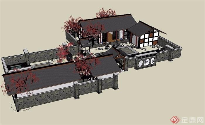 中式风格详细的合院别墅su模型