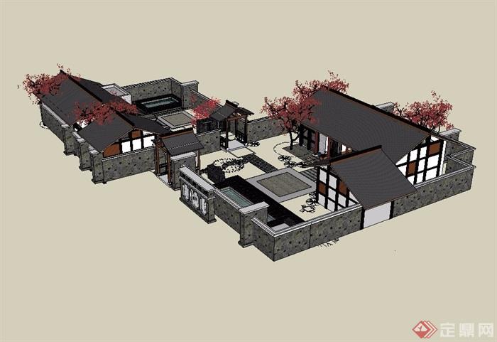中式风格详细的合院别墅su模型