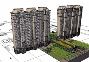 法式小区详细高层住宅楼设计SU(草图大师)模型