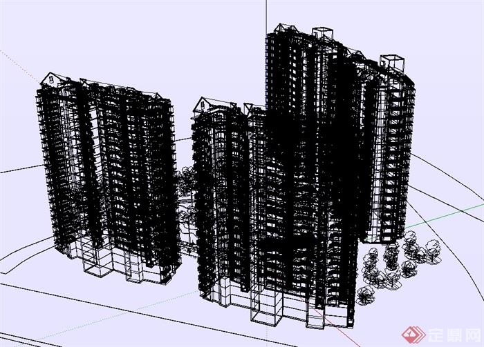 中式风格住宅高层建筑su模型