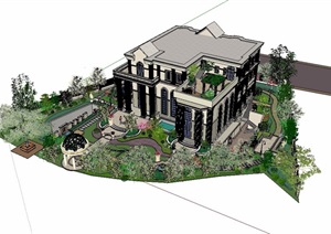 美式风格详细的别墅设计SU(草图大师)模型含庭院