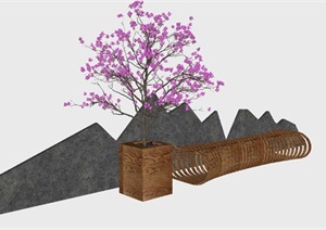 中式园艺树池坐凳组合景观SU(草图大师)模型