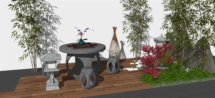 中式园艺桌凳、灯塔小品景观SU模型