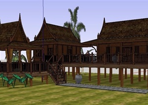 精品东南亚风格度假小屋民宅建筑设计SU(草图大师)模型