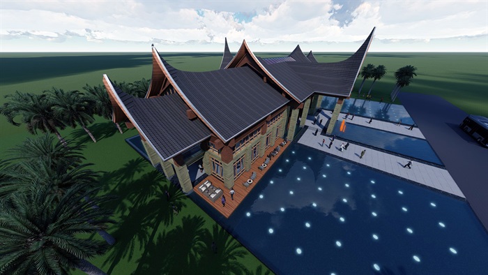 新亚洲东南亚风会所建筑SU模型及效果图