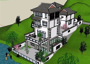 中式山地别墅建筑设计SU(草图大师)模型