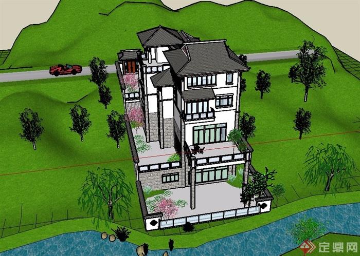 中式山地别墅建筑设计su模型