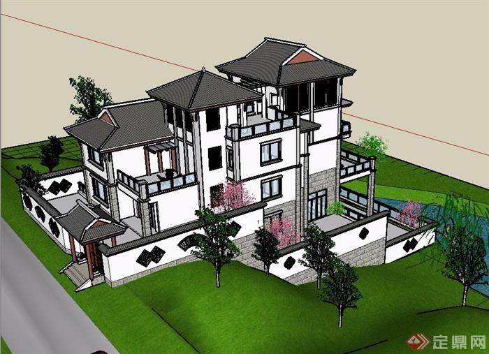 中式山地别墅建筑设计su模型