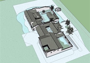 某中国古典院落2层住宅建筑SU(草图大师)模型