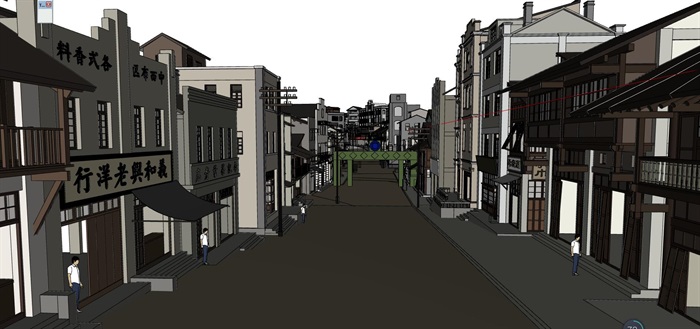 民国风复古怀旧历史文化街区商业古街改造中式建筑方案设计SU模型(2)