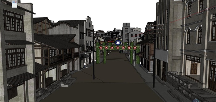 民国风复古怀旧历史文化街区商业古街改造中式建筑方案设计SU模型(3)