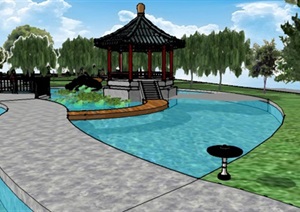 简约中式风格街心公园景观设计SU(草图大师)模型