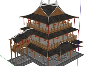 中式风格观景塔楼古建设计SU(草图大师)模型