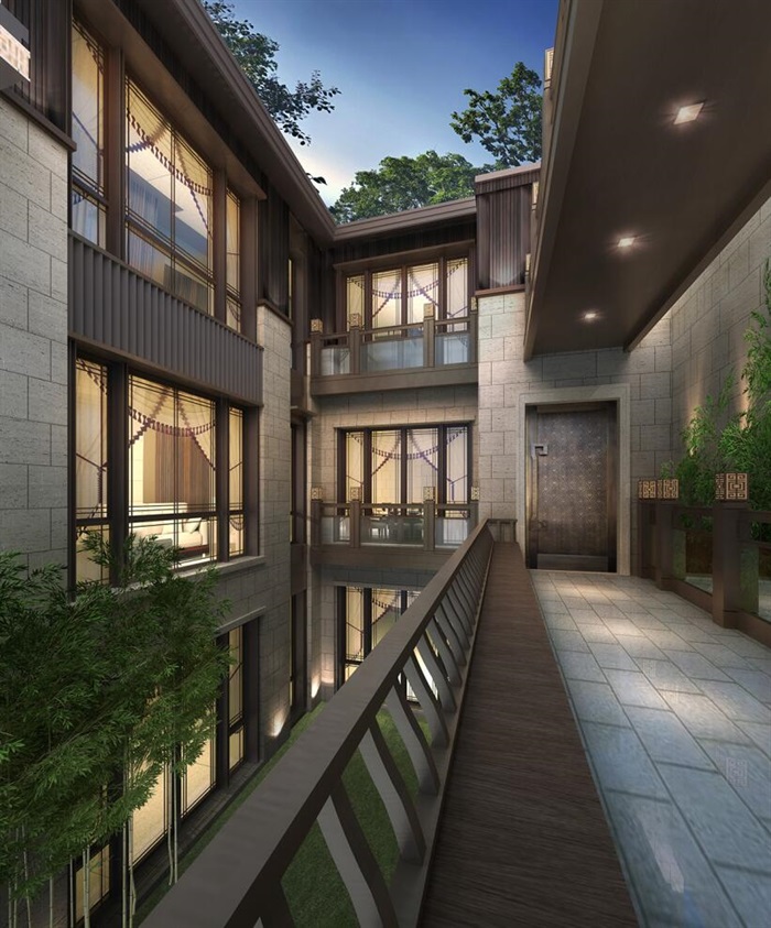 新中式风格联排别墅建筑su模型及效果图