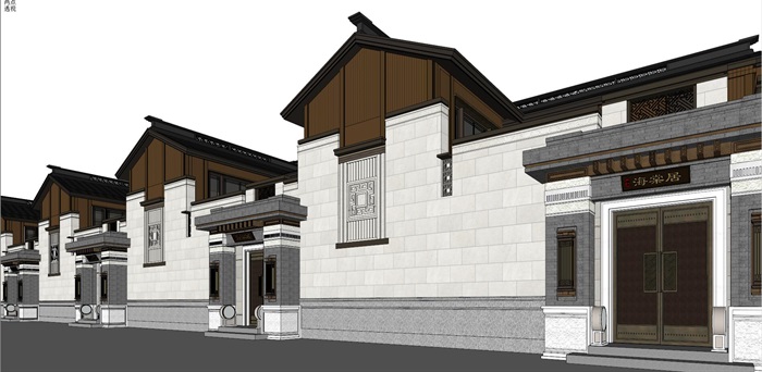 新中式风格联排别墅建筑su模型及效果图