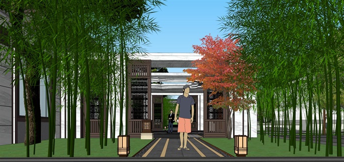 新中式风格别墅建筑住宅区规划建筑整体设计su模型大门