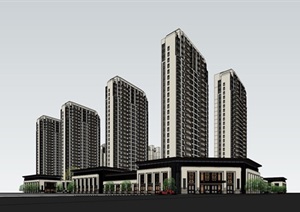 新古典风格商铺+高层住宅建筑设计SU(草图大师)模型