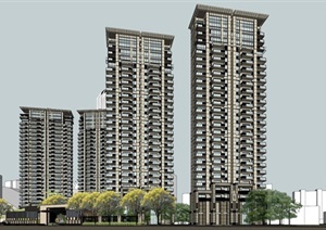 现代高层住宅楼建筑及入口景观设计SU(草图大师)模型