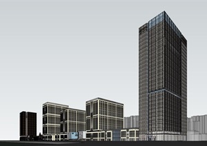 现代风格高层办公及多层商业建筑SU(草图大师)模型