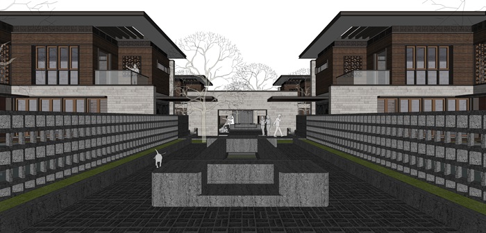 新亚洲中式别墅院落su模型设计(4)