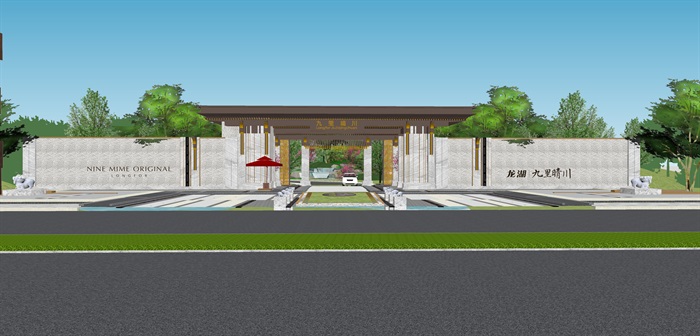 新亚洲中式小区入口大门及售楼部详细景观su模型设计(1)