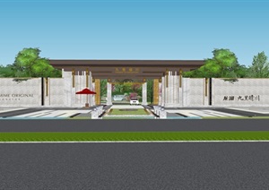 新亚洲中式小区入口大门及售楼部详细景观SU(草图大师)模型设计