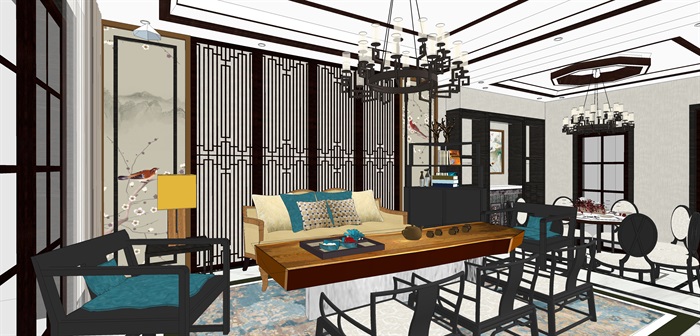 新中式客餐厅室内su模型设计(1)