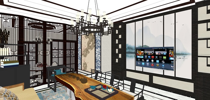 新中式客餐厅室内su模型设计(2)