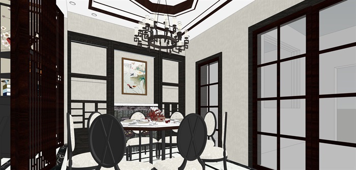 新中式客餐厅室内su模型设计(3)