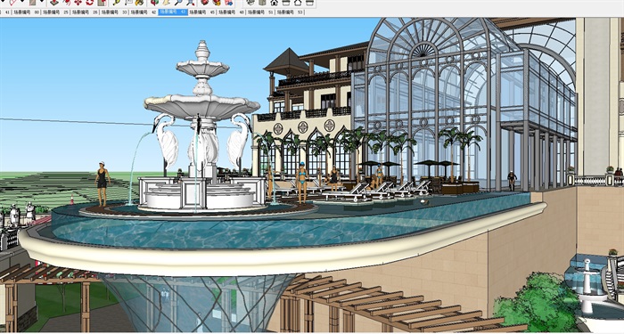 欧式酒店建筑与泳池景观方案ＳＵ模型(4)