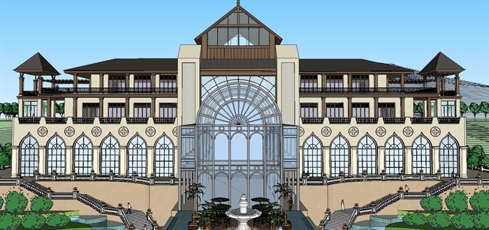欧式酒店建筑与泳池景观方案ＳＵ模型(5)