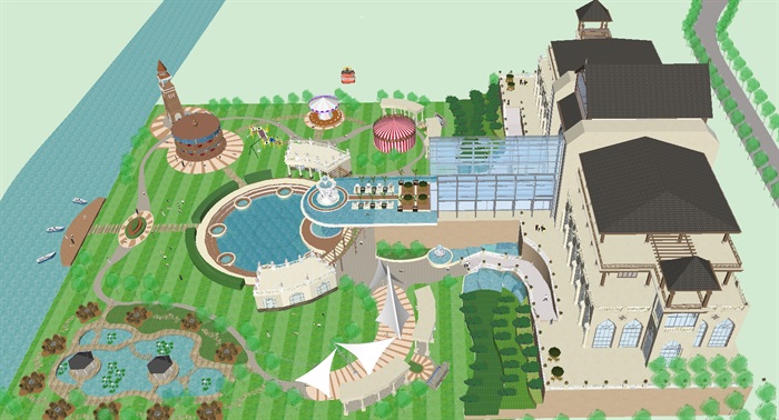 欧式酒店建筑与泳池景观方案ＳＵ模型(6)