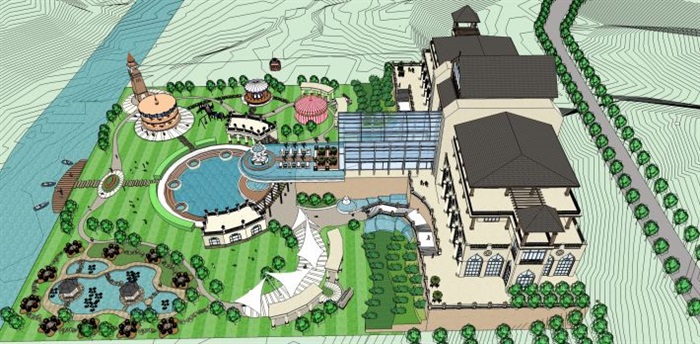 欧式酒店建筑与泳池景观方案ＳＵ模型(7)