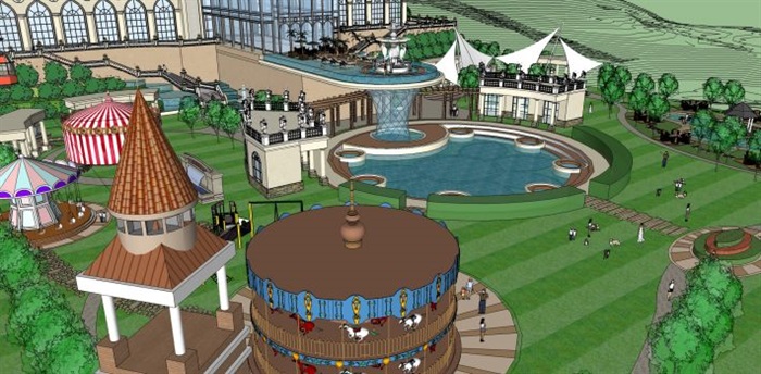 欧式酒店建筑与泳池景观方案ＳＵ模型(8)