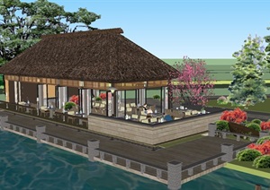 中式滨海度假餐厅建筑与景观方案SU(草图大师)模型