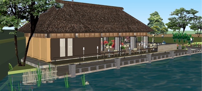 中式滨海度假餐厅建筑与景观方案SU模型