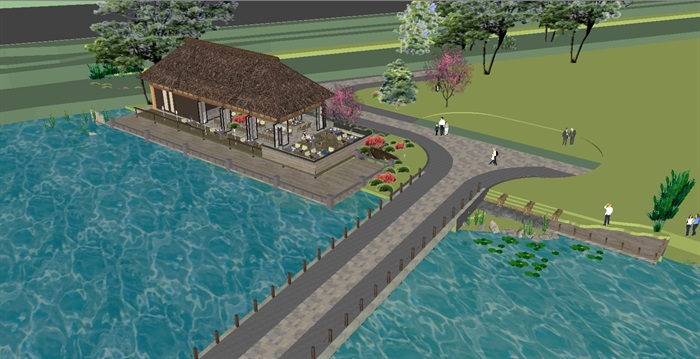 中式滨海度假餐厅建筑与景观方案SU模型
