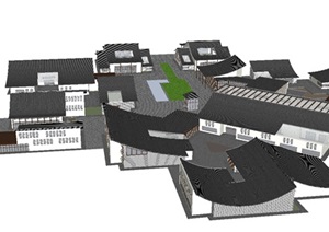 新中式坡屋顶办公楼建筑群SU(草图大师)模型
