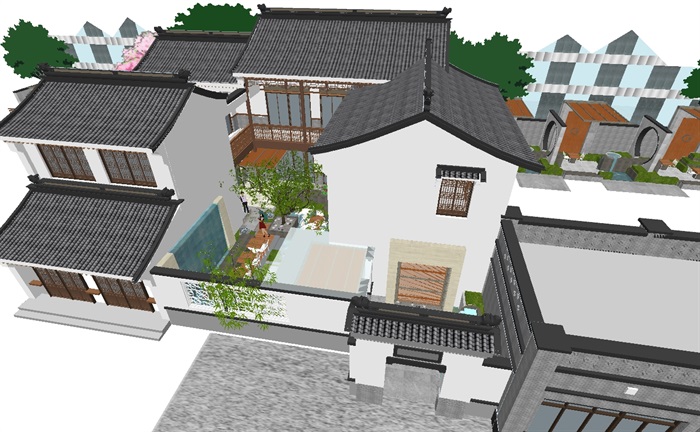 新中式休闲会所景观与建筑方案SU模型(2)