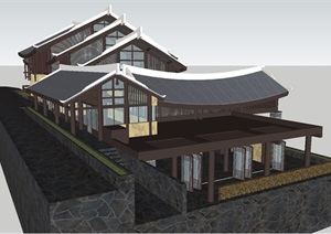 新中式层叠屋顶酒店建筑方案SU(草图大师)模型