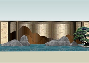 原创12款新中式禅意山水景观墙SU(草图大师)模型