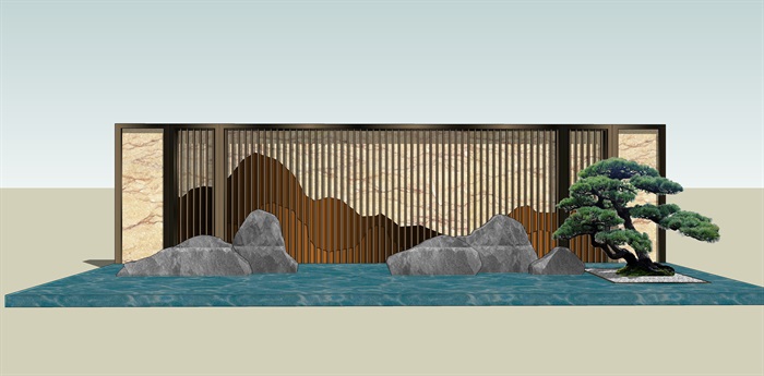 原创12款新中式禅意山水景观墙su模型(1)