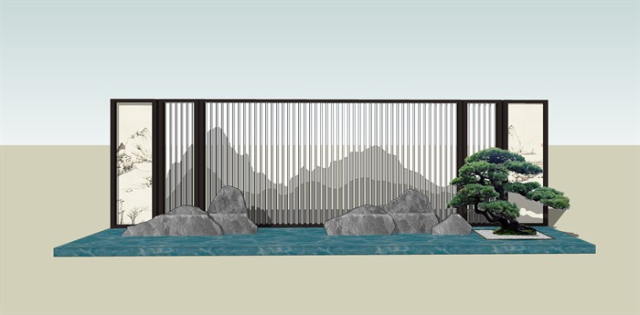 原创12款新中式禅意山水景观墙su模型(2)