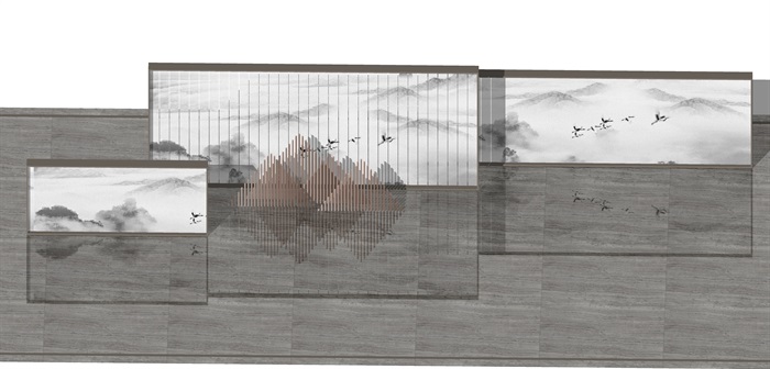 原创12款新中式禅意山水景观墙su模型(3)